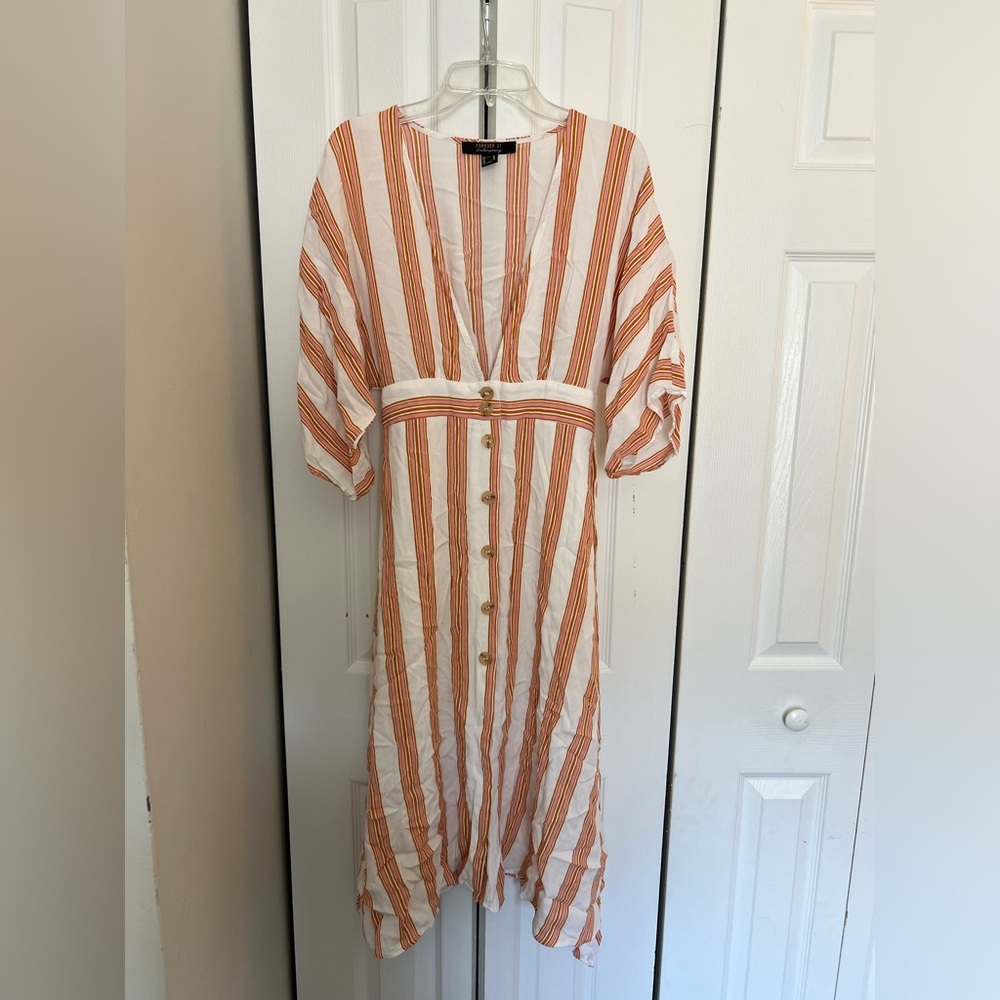 Women’s Forever 21 Contemporary Pink Orange Striped Flowy Boho Tie-Waist Dress M